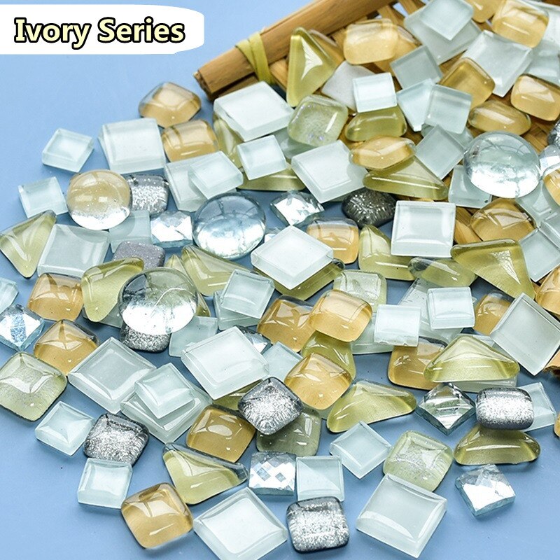 Azulejos de mosaico de vidrio diversificado, materiales para manualidades de mosaico DIY, mezcla de colores/formas, piedras de mosaico brillantes redondas/triangulares/cuadradas, 250g/8,81 oz: Ivory Series
