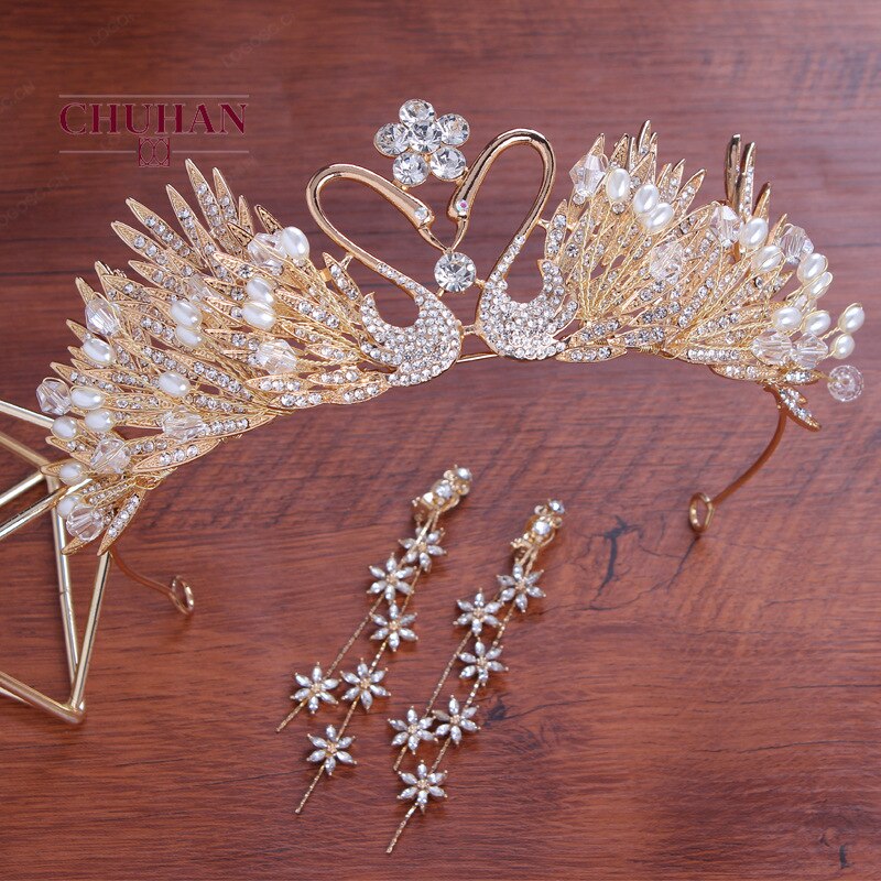 CHUHAN ensembles de bijoux de mariée coiffure accessoires de cheveux de mariage couronne collier boucles d'oreilles 3 pièces accessoires de mariage C357