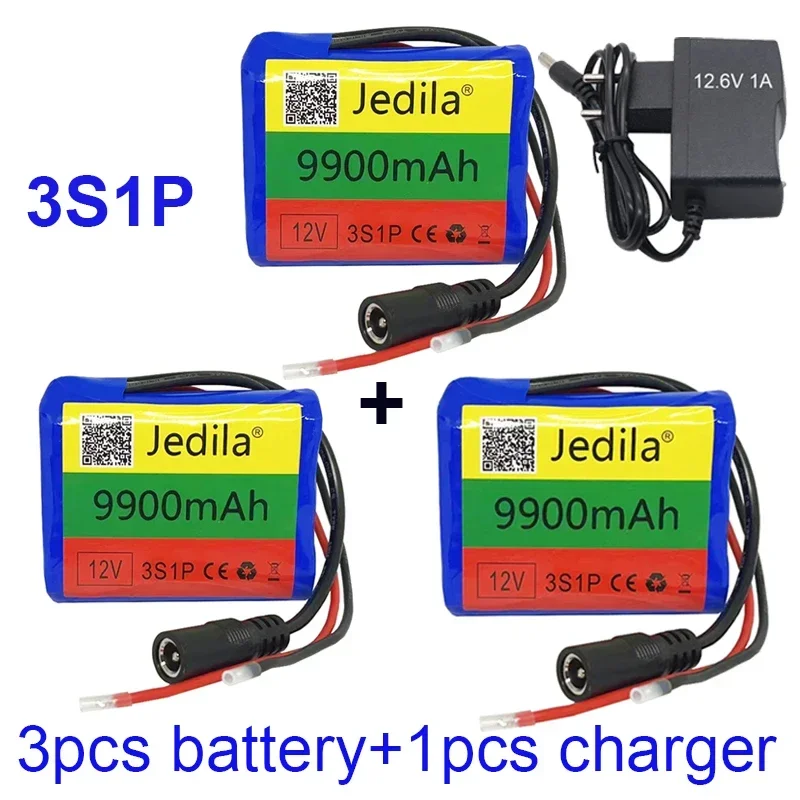 100% 12V 9900mAh 3S1P Lithium battery 18650 Lithium battery pack protection board rechargeable. 12.6V1A charger: Red