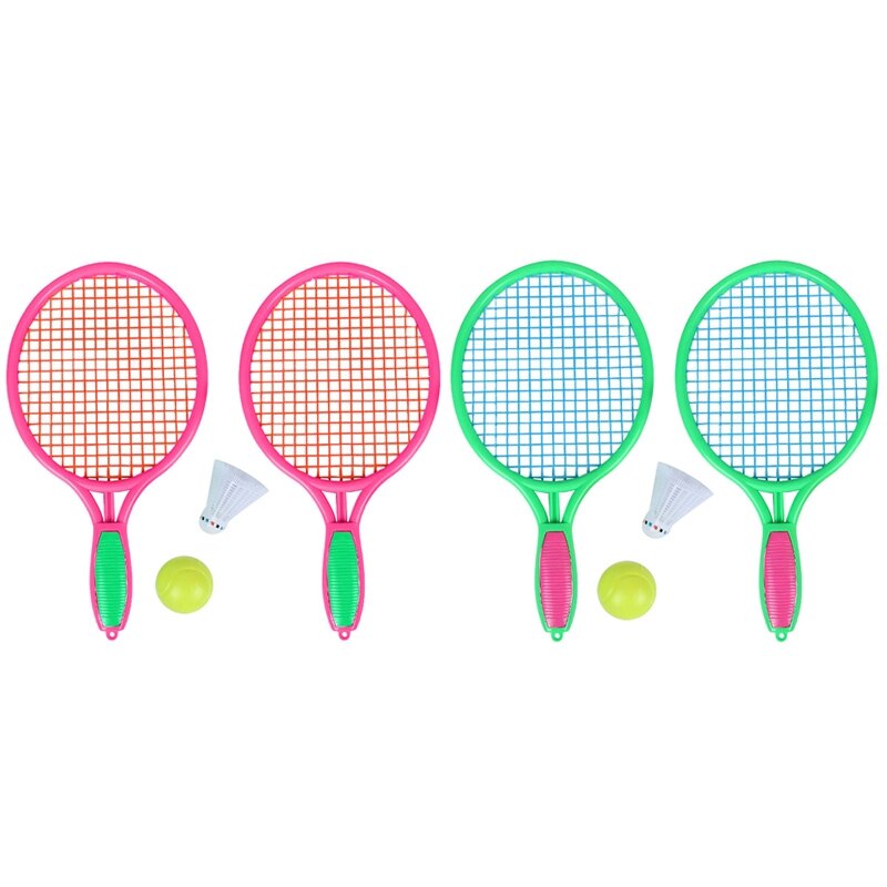 2 sæt strand tennisracket børns udendørs sports tennisracket med badmintonbold grøn & lyserød