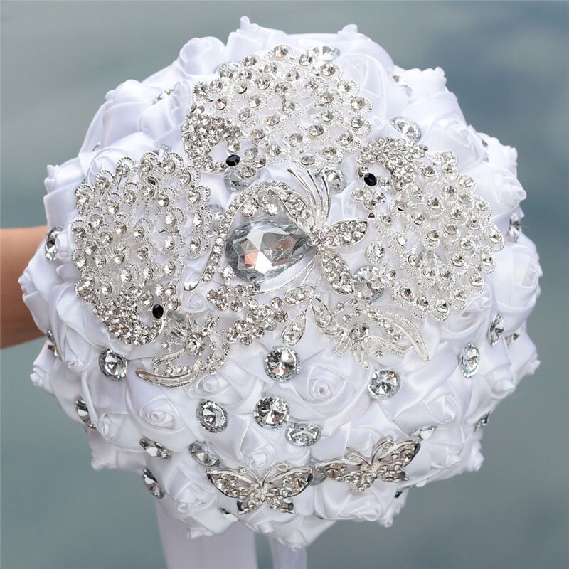 16styles white wedding bride holding flowers artificial bouquet ribbon rhinestone pearl bouquet decoration bride groom dance: Style 5