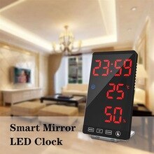 Mirror LED Alarm Clock Touch Button Digital Clock LED Time Temperature Humidity Display USB Output Port Table Clock