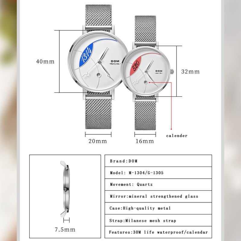 Paar Horloge Dom Mode Quartz Horloge Vrouwen Luxe Rvs Quartz Horloge Mannen Horloge Voor Liefhebbers Valentijnsdag