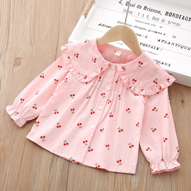 F camicette per ragazze abiti camicie primaverili per bambini t-camicia con stampa ciliegia per bambini superiore 1 2 3 4 anni camicia in cotone per bambini: Colore rosa / 90