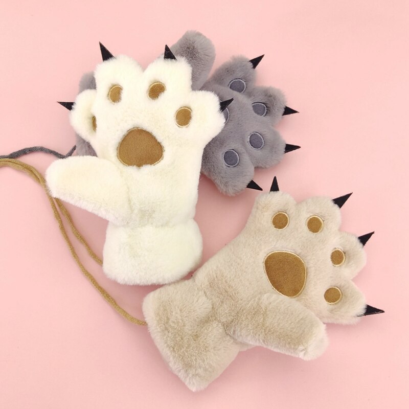 Kinderen meisjes schattige berenpoot handschoenen winter warm dik pluizig pluche cartoon dier imitatie konijn haar handschoenen