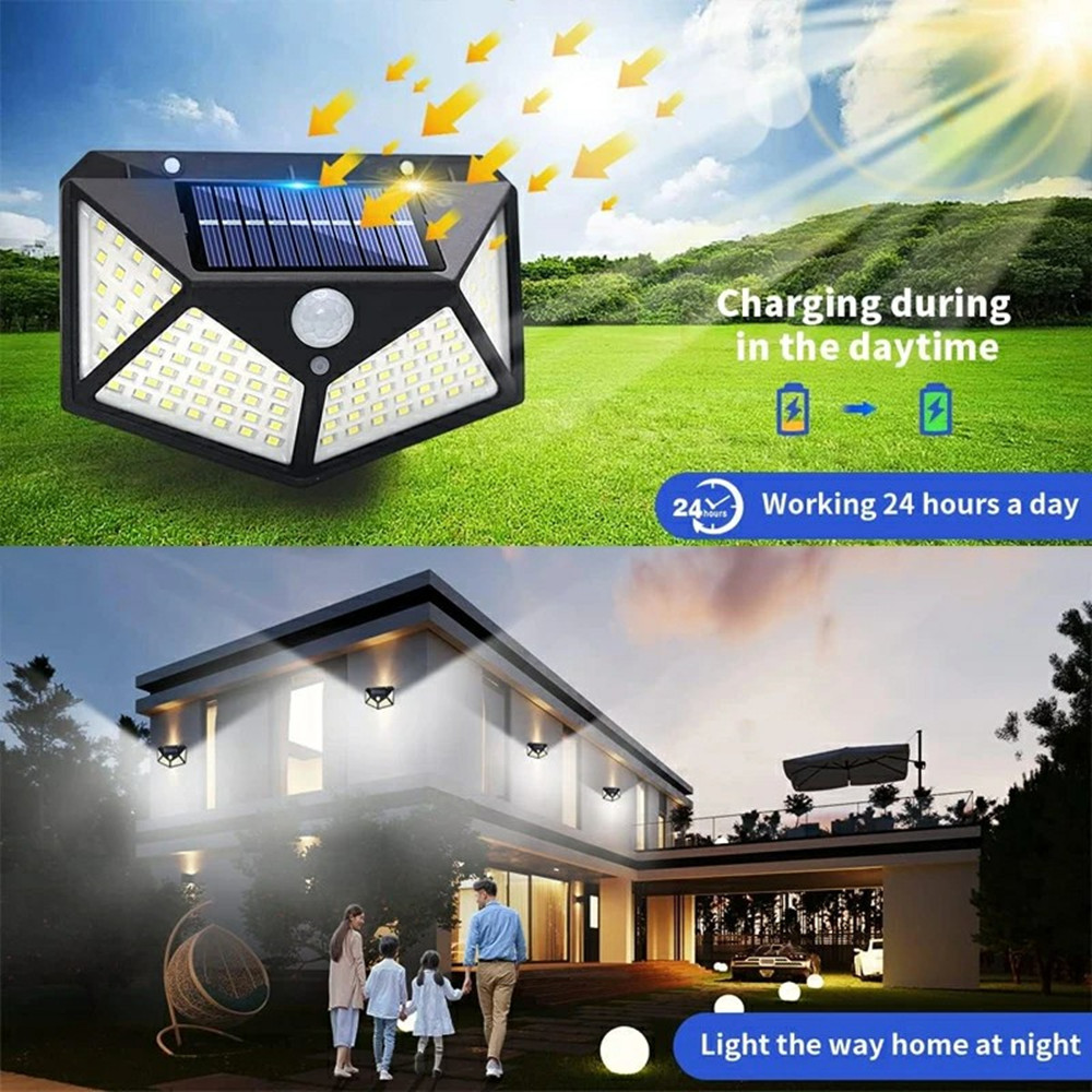 Nyeste solcellelamper udendørs 100 led solcellesensor bevægelseslys 3 tilstande udendørs solcelle trådløs lampe  ip65 vandtætte væglamper