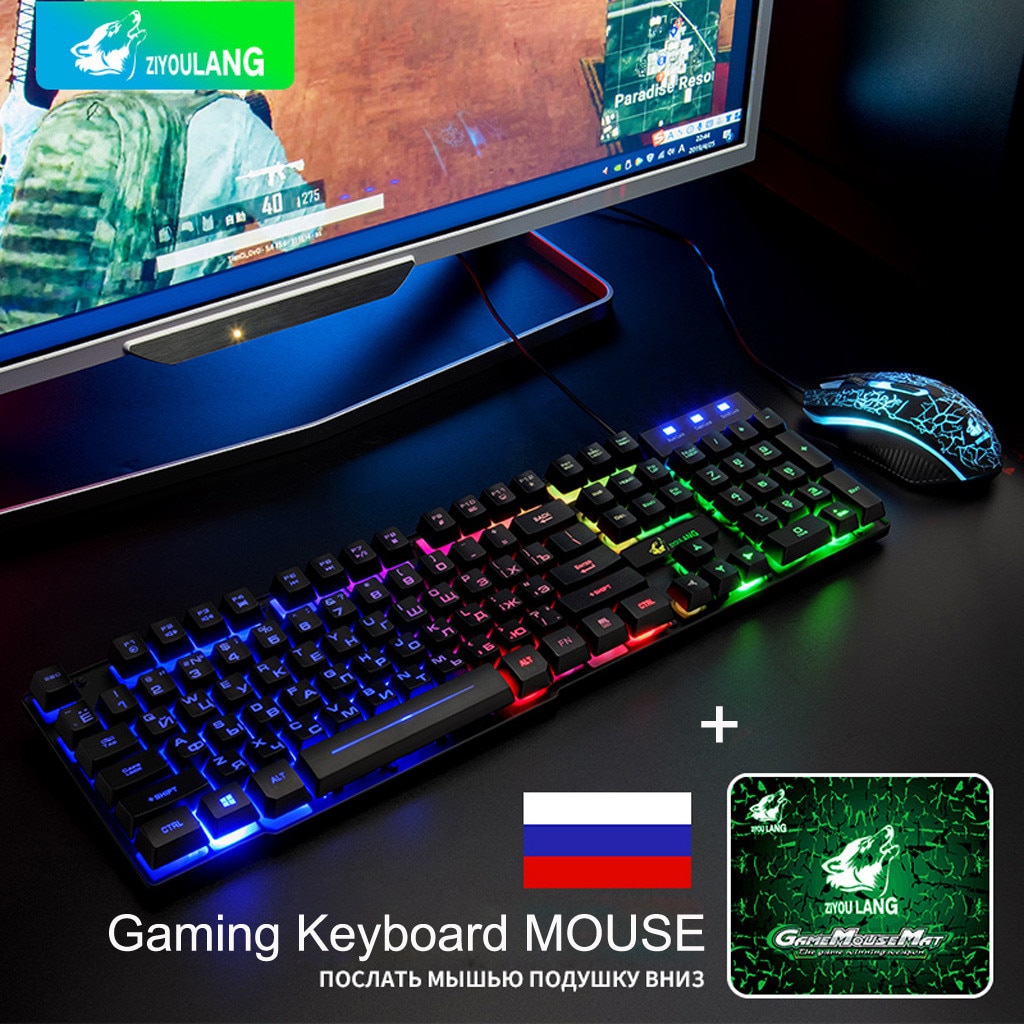 Wired Gaming 104 Keyboard T5 Rainbow Backlight Usb Ergonomic Gaming English Russian Keyboard And Mouse Set for PC Laptop