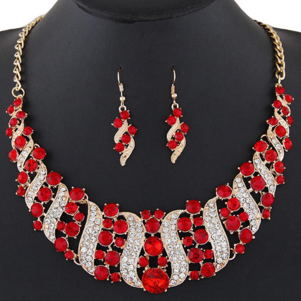 Ketting met strass steentjes, haakoorbellen, bruidssieradenset, sieradensets voor vrouwen, oorbellen 2022: Rood