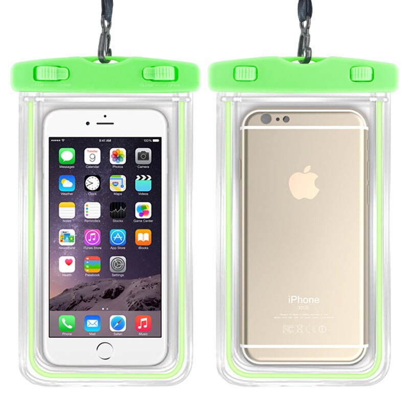 Universel vandtæt telefonpose tør berøringspose med lysende kant 5.5 tommer til iphone 6 6s 7 plus strand undervands swimmingpool: Grøn