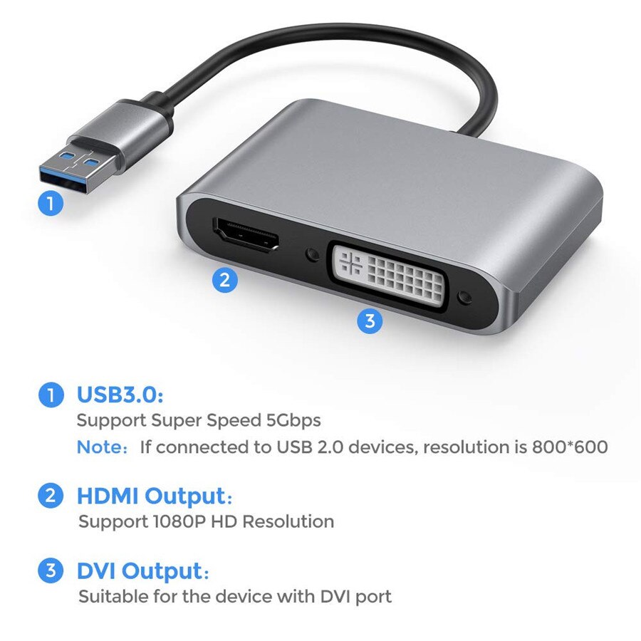 USB 3.0 Adapter to HDMI DVI Dual Displayport USB Converter support HDMI DVI Sync Output 1080P for Windows 10/8/7 USB Adapter
