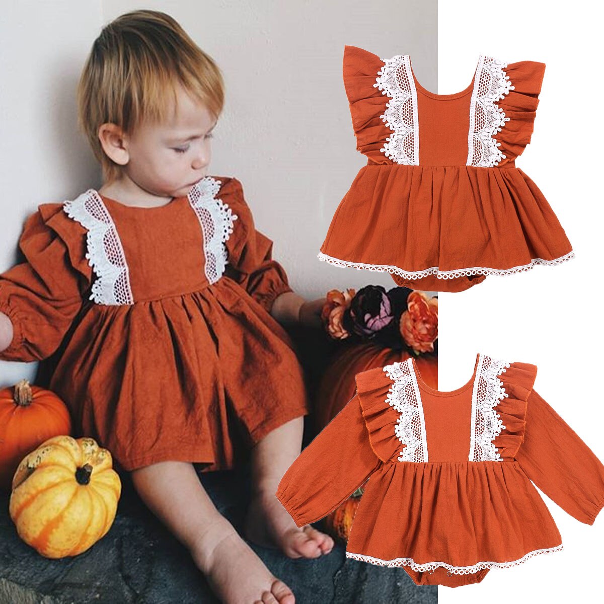 Focusnorm Herfst Mooie Baby Meisjes Jongens Romper Jurk Kant Solid Ruches Backless Jumpsuits 0-18M 2 Stijl
