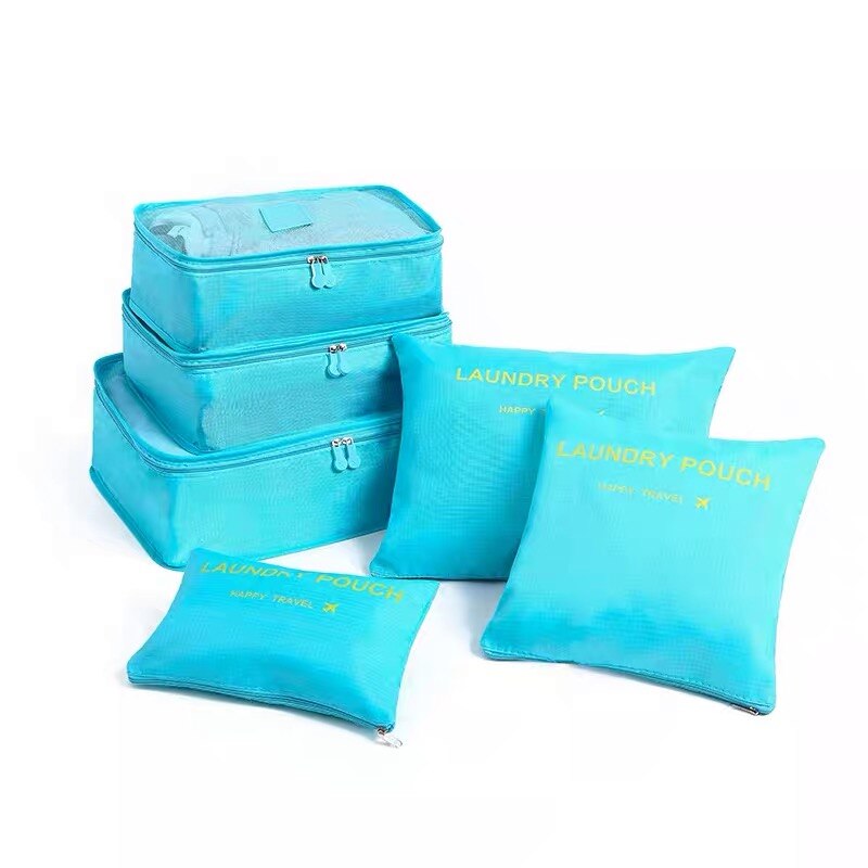 6 sæt pakning terninger nylon vandafvisende kompression udendørs rejse bagage opbevaring arrangør tasker til tøj sko makeup: Himmelblå