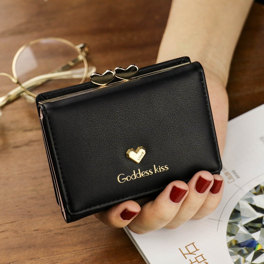nuovo carino amore breve portafoglio femmina pieghevole multifunzionale piccolo moneta Borsa alunno moneta Borsa femmina mini portafoglio: nero