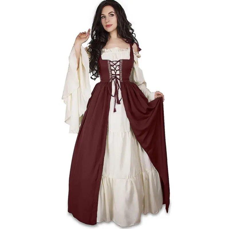Robe medieval de halloween femme renascentista gótico longue maxi retro robe vitoriano rendas robe de bal paty grande taille: XXL / Bege