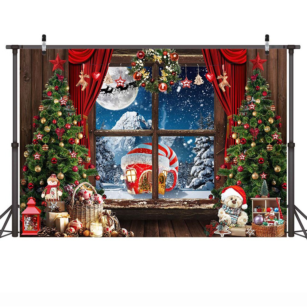Winter Fenster Wunderland Hintergrund Weihnachten Bäume Gefrorene Schnee Szene Hintergrund Vorhang Vollmond Nacht Fröhlich Weihnachten Party