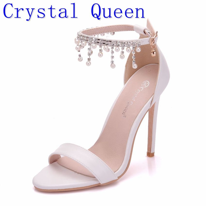 Sandalias de tacón de cristal para mujer, zapatos elegantes de boda, tacón alto, borlas con perlas, plataforma de cadena, , color blanco