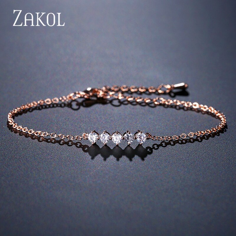 ZAKOL Round Micro Mosaic Cubic Zirconia Rose Gold Color Tennis Bracelet Jewelry Crystal FSBP2043