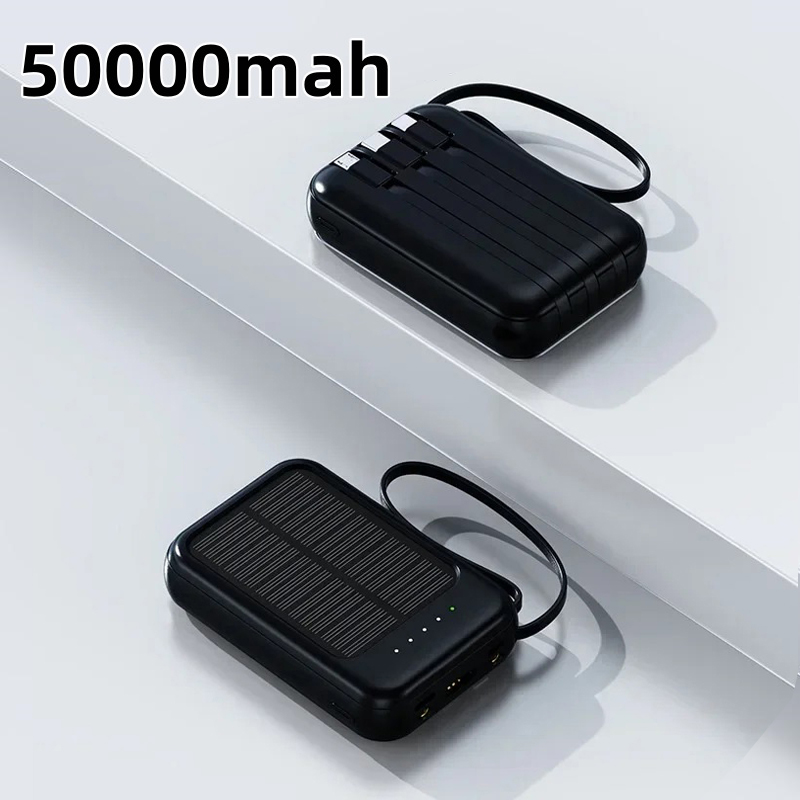 50000- mah-Solar--powerbank mit LED-leuchten, 4 ladekabeln, tragbarer externer akku, notstromversorgung für alle mobiltelefone: Silber