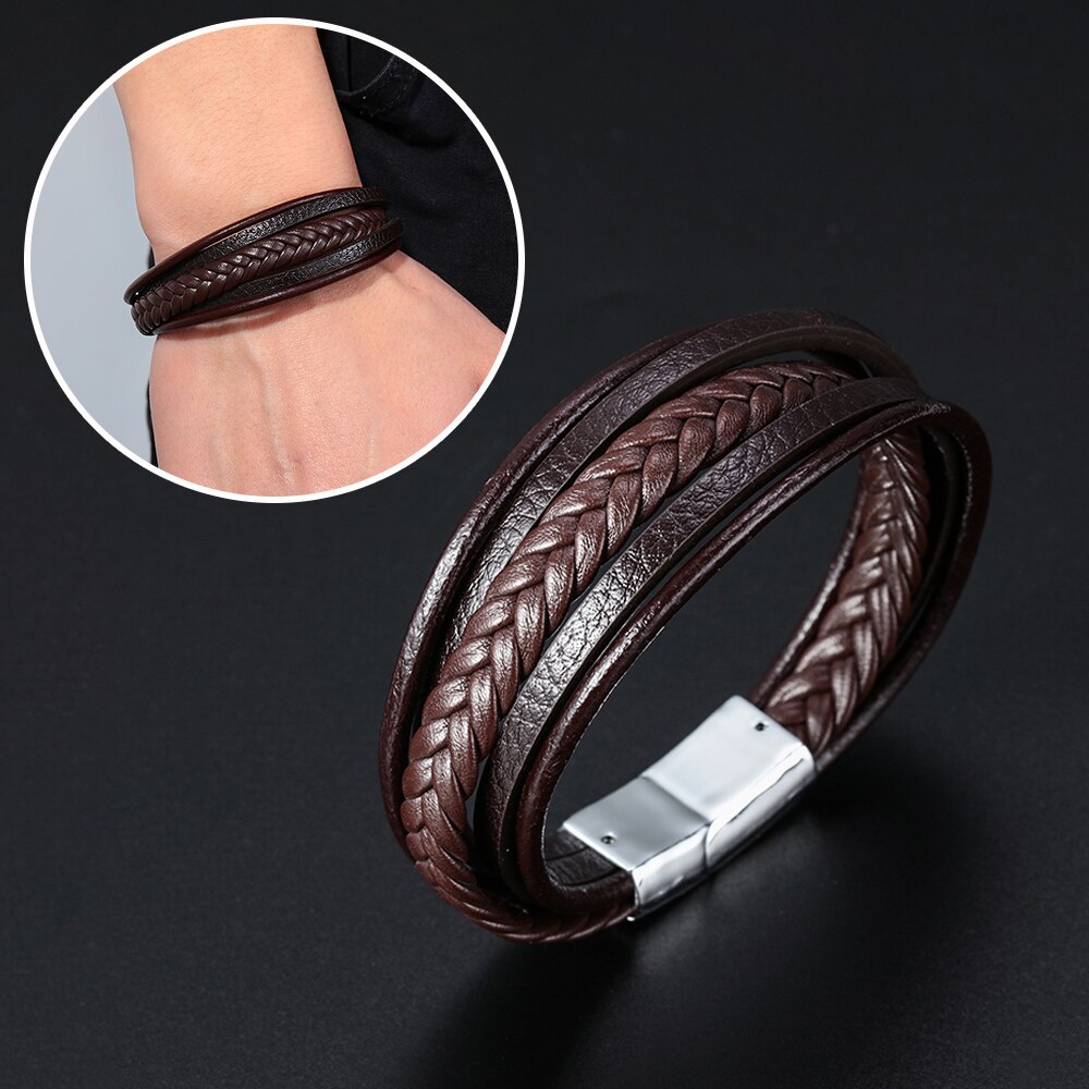 Pulseira de couro masculina, fivela de multicamada, pulseira de couro, fecho magnético, marrom, preto, 1 peça acessórios joias charme
