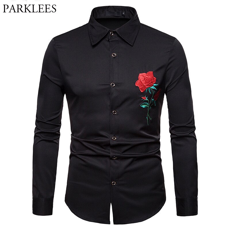 Mens Hipster Red Rose Borduren Shirt Mannen Camisa Masculina Casual Lange Mouwen Slim Chemise Homme Business Camisas Hombre: black / USA XL