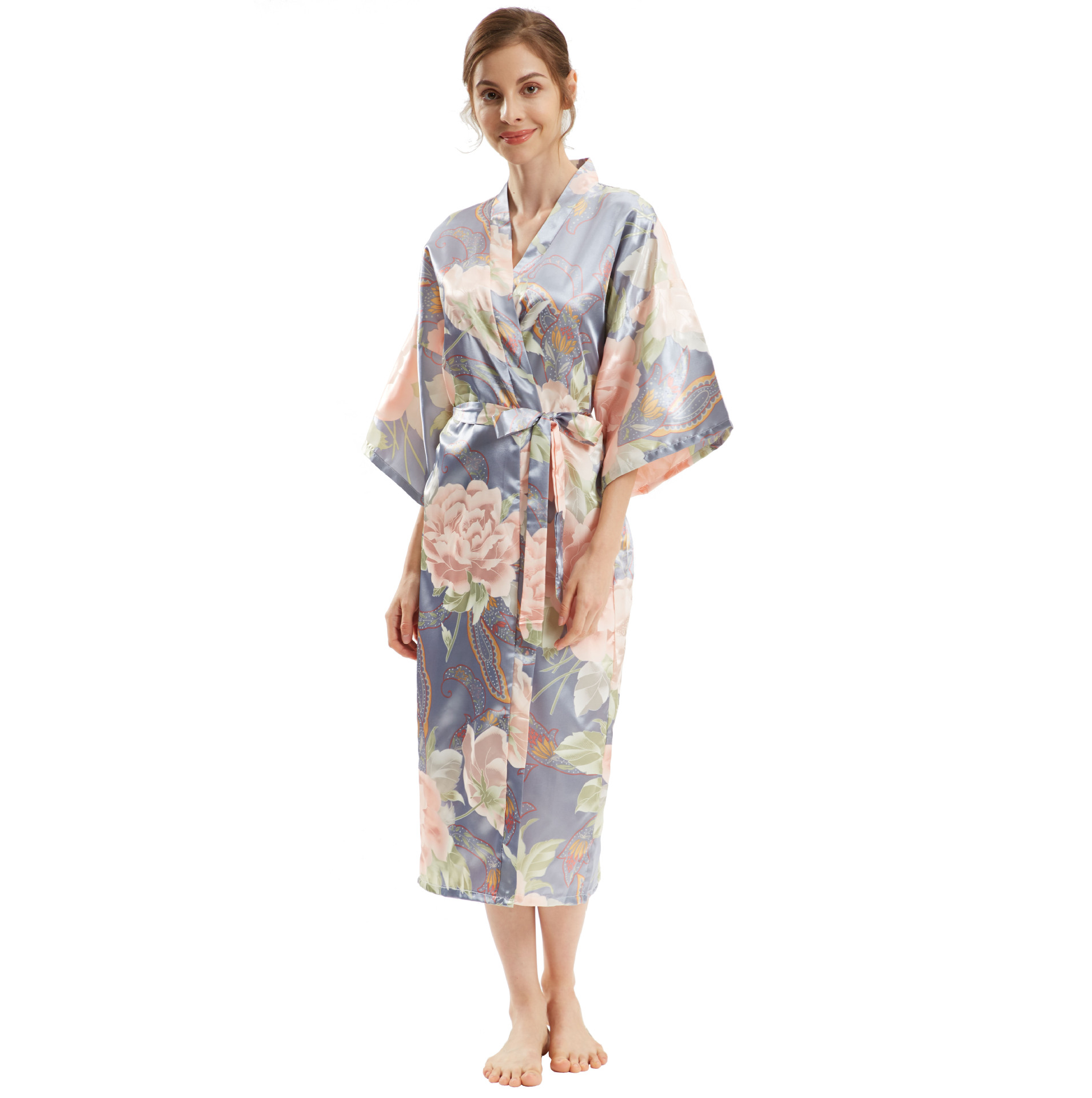 Sexy Bride Bridesmaid Wedding Dressing Woman Kimono Flower Print Satin Silk Yukata Bathing Robe: SKY BLUE