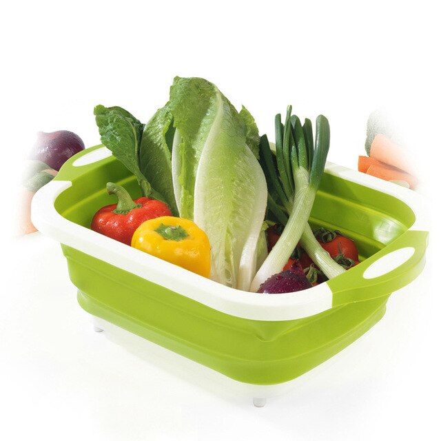 ZLCA Folding Cutting Board Basket Collapsible Dish Tub with Draining Plug Colander Fruits Vegetables Wash Drain Sink Storage: Green