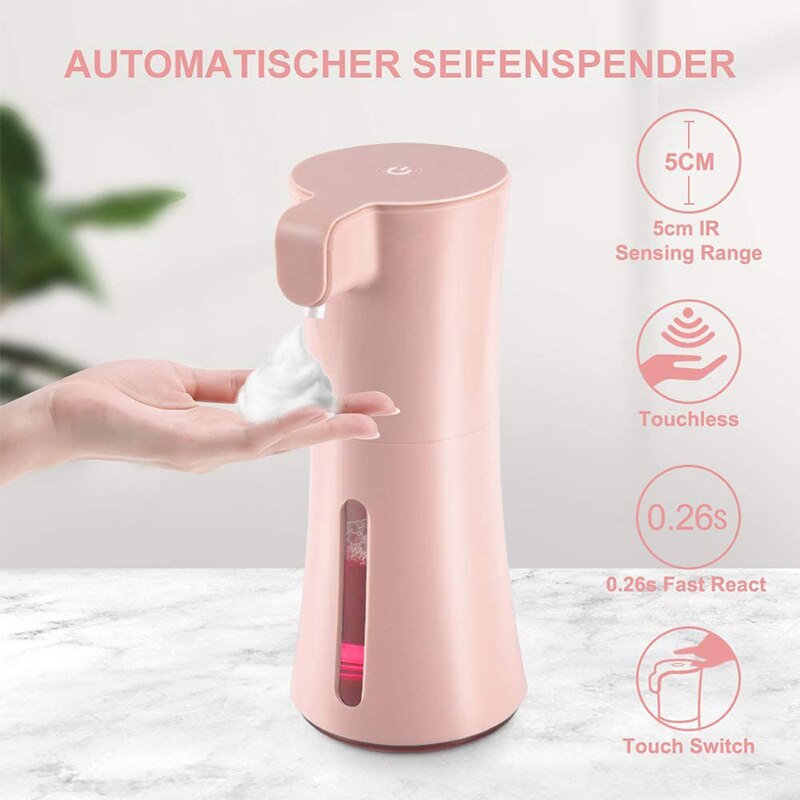 Automatisk såpedispenser, presseløs skummende såpedispenser, infrarød bevegelsessensor såpedispenser, rosa