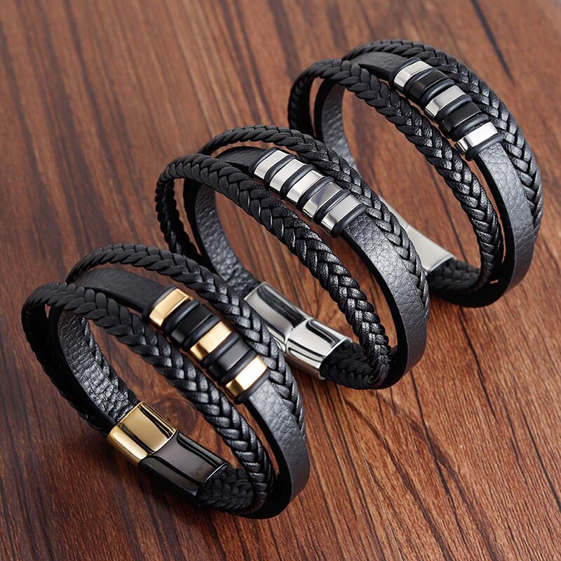 Leather Bracelet Men Multilayer Stainless Steel Handmade Braided Leather Bracelet For Men Jewelry