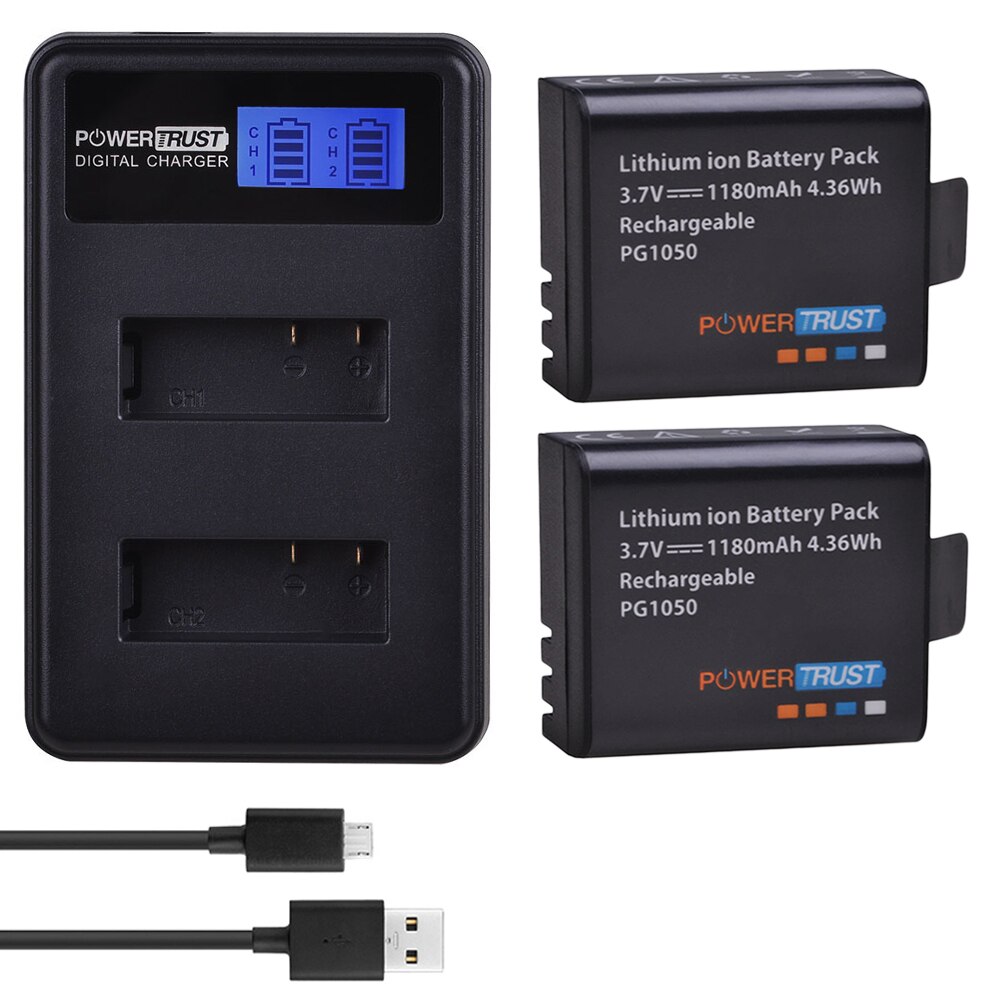 2x pg1050 1180 mah batterier + lcd Dobbel usb batterilader til sjcam  sj4000 m10 sj5000 sj5000x til eken  h9 h9r h8r h8 git  pg900: 2 batterier og lader
