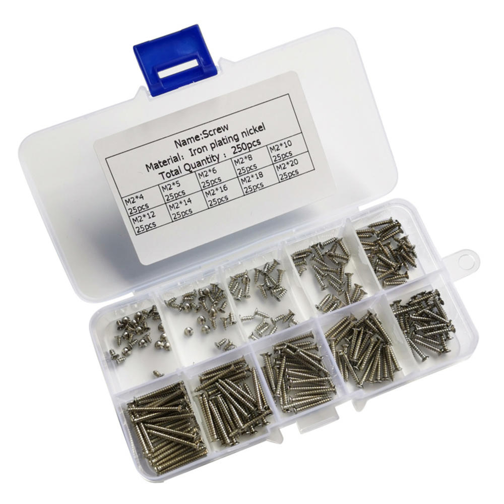 250Pcs M2 Stainless Steel Self Tapping Wood Screw Assortment Kit Lock Nut Wood Flat Head Thread Nail Screws Fastener Sets