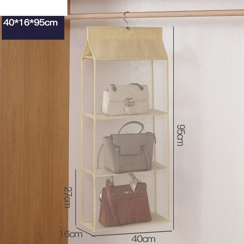 Organisateur de sac à main suspendu, sacs de rangement transparents pour penderie pour sac à main, placard à chaussures, organisateur de sac, porte murale, pochette d'articles divers: beige 3 layers