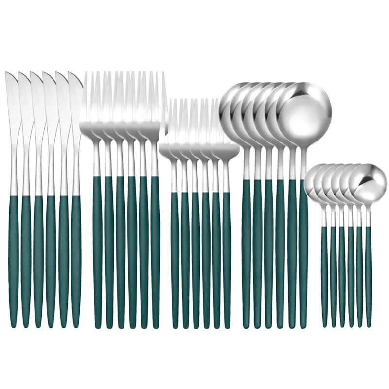 30Pcs White Gold Dinnerware Set Stainless Steel Knife Fork Spoon Cutlery Set Kitchen Tableware Set Flatware Set: 30Pcs Green Silver