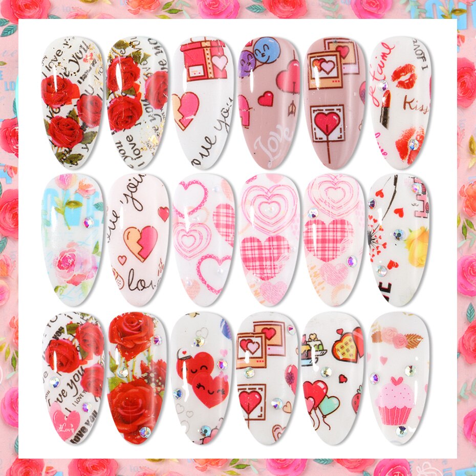 Nail Folie Decals Manicure Rose Bloem Hart Lijm Transfer Stickers Volledige Wraps Polish Sliders Tips Nail Art Decoratie TRB109