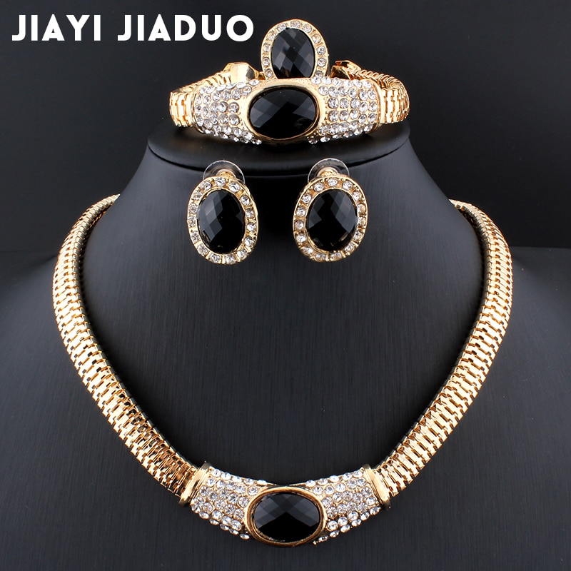 Jiayijiaduo Trouwjurk Accessoires Black Crystal Ketting Oorbellen Goud Kleur Kralen Sieraden Sets Afrikaanse Vrouwen
