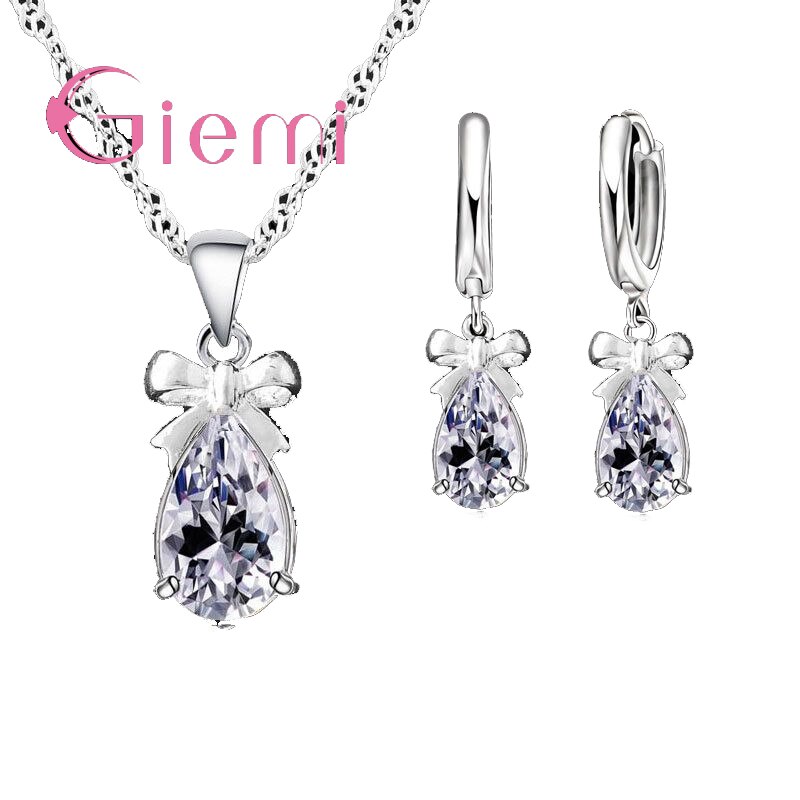 Stylish Bowknot 925 Sterling Silver With White Stone Cubic Zirconia Dangle Earring Pendant Necklace Woman Jewelry Set