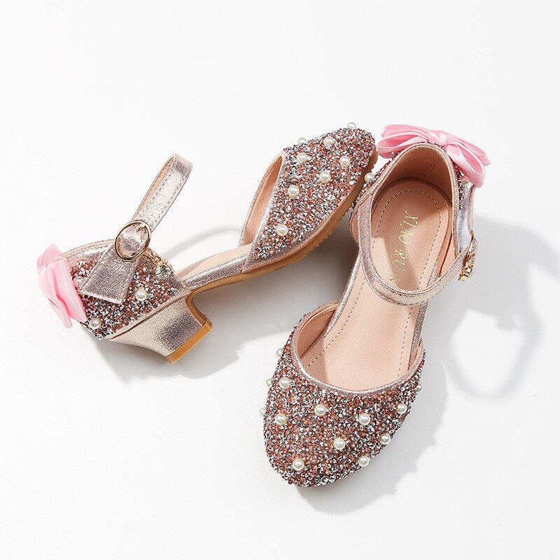 SKHEK dziecięce skórzane buty dla dziewczynek księżniczka kwiat dorywczo brokat dzieci szpilki dziewczęce buty motylkowy węzeł niebieski różowy srebrny: Różowy / 32