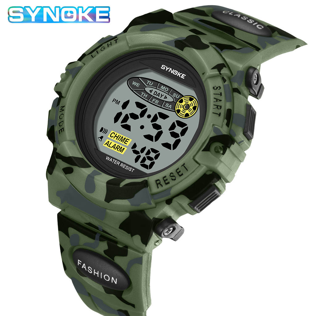 SYNOKE Student sporthorloge voor kinderen Kleurrijke elektronische horloges Waterdichte klok Kinderen digitaal horloge voor jongens Camouflage