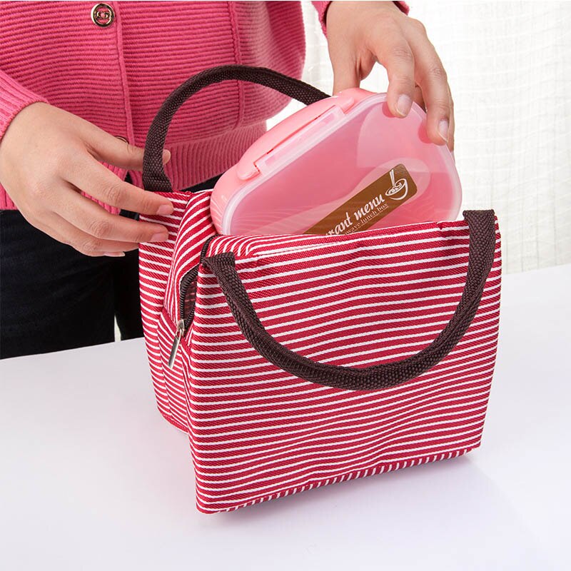 Freizeit Frauen Tragbare Mittagessen Tasche Leinwand Streifen Isolierte Kühltaschen Thermische Lebensmittel Picknick Mittagessen Taschen freundlicher Mittagessen Kasten Tasche Tote