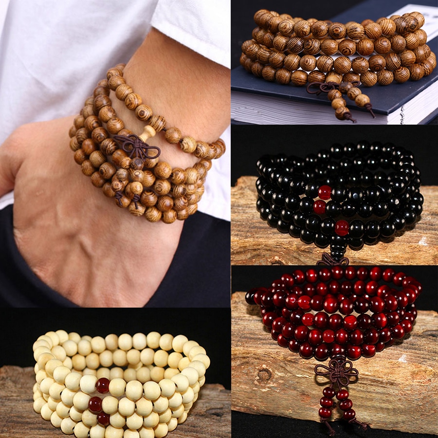 108 perlen 8mm Natürliche Sandelholz Buddhistischen Buddha Holz Gebet Perlen Knoten Schwarz Ebenholz unisex Armbänder Armreifen für Frauen Männer