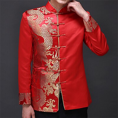 Dragon Pattern Jacquard Mens Red Suit Jacket Mandarin Collar Traditional Chinese Men Satin Wedding Jacket Frog Closure: Pattern 1 / XS