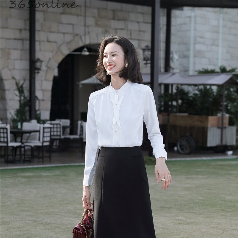 Pink chiffon bluser skjorter lange ærmer til kvinder forår sommer kontor arbejdstøj bluse afslappet ol styles toppe tøj