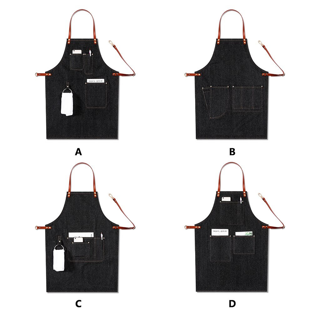 Work Bartender Leather Strap Removable Barista Chef Bib Apron Multi Pocket Casual Denim Uniform Adjustable Baker BBQ
