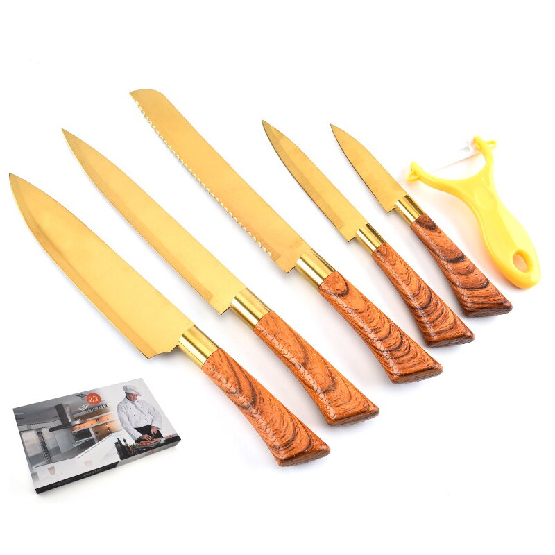 6pcs kitchen knife set vegetable peeler chef knife carving paring knife wood grain handle knife kitchen tools set