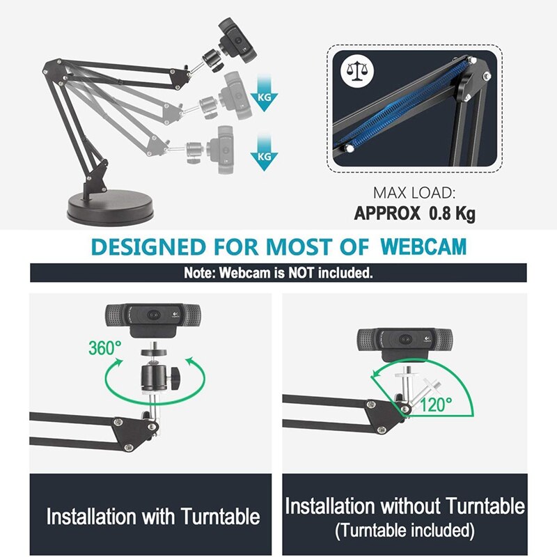 JABS supporto per Webcam da tavolo supporto per braccio a forbice con braccio a sospensione da 22 pollici con Base, compatibile per Webcam Logitech C922