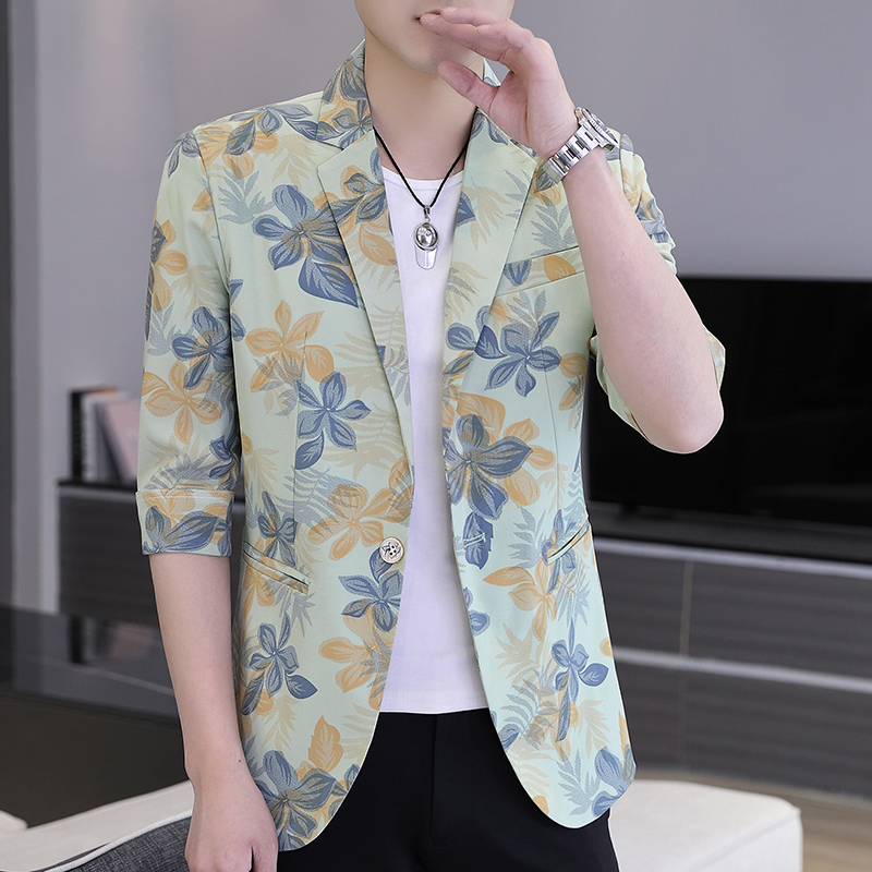 Spring Summer Men Blazers Flower Half Sleeve Casual Suit Jacket Wedding Business Street Wear Social Jacket Slim Fit Dress Coat