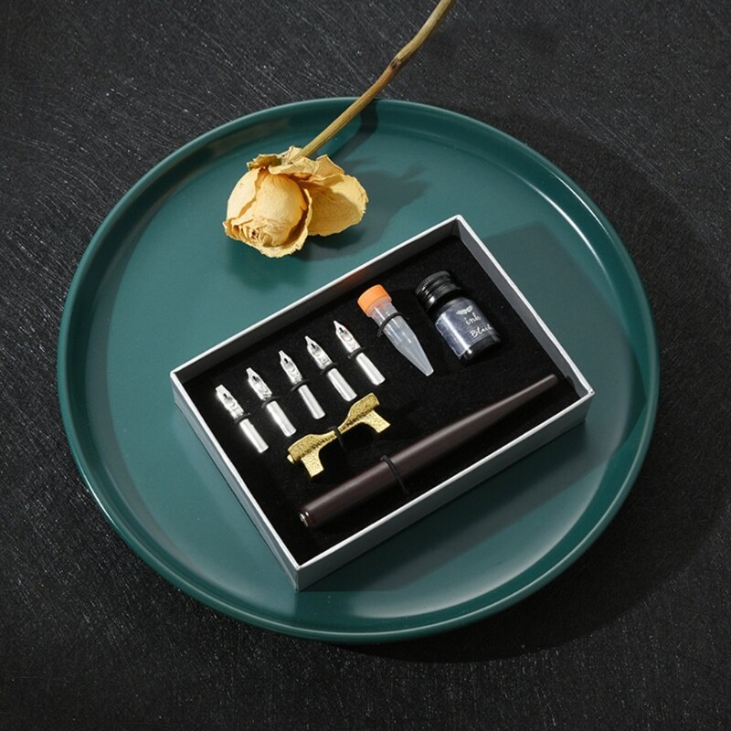 Calligraphy Fountain Dip Pen + 5 Nibs Ink Kit Box for Lettering Sketching 831D