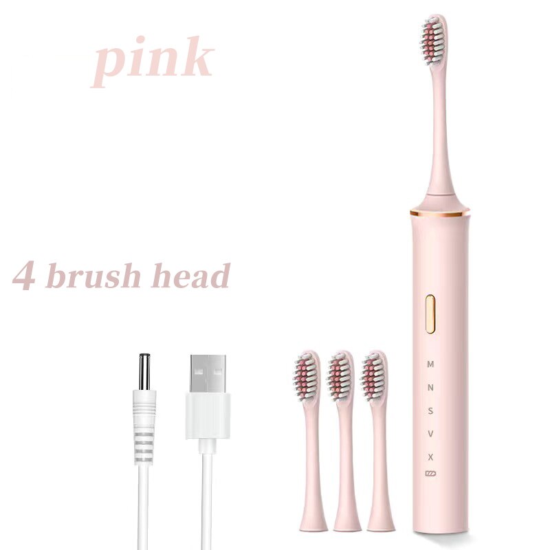 Smart electric toothbrush adult students soft hair automatic USB charging ultrasonic couples brushing comfortable and healthy: pink 4Heads