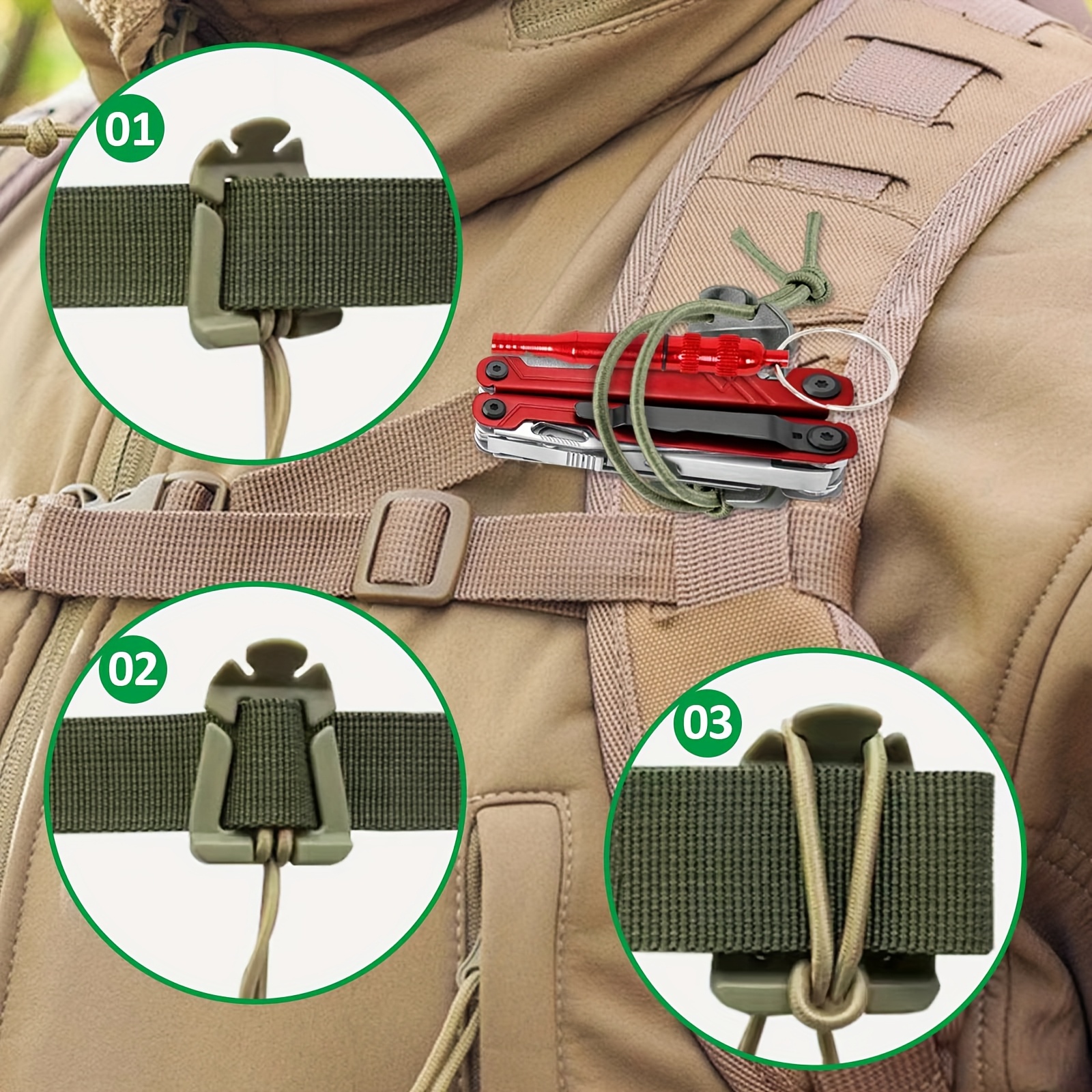 Moschettoni per zaino con cordino elastico – Ganci durevoli compatibili con MOLLE per organizzare attrezzi da campeggio e accessori