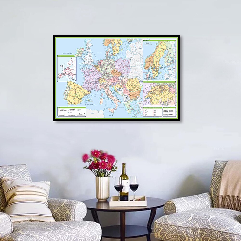 84*59cm The Europe Political Map with Traffic Route Wall Art Poster Canvas Painting Classroom Home Decoration School Supplies