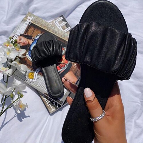 Dames geplooide pantoffels dames buiten zomerschoenen dames casual open teen platte dames strandschoenen dames slippers plus size: Zwart / 9.5